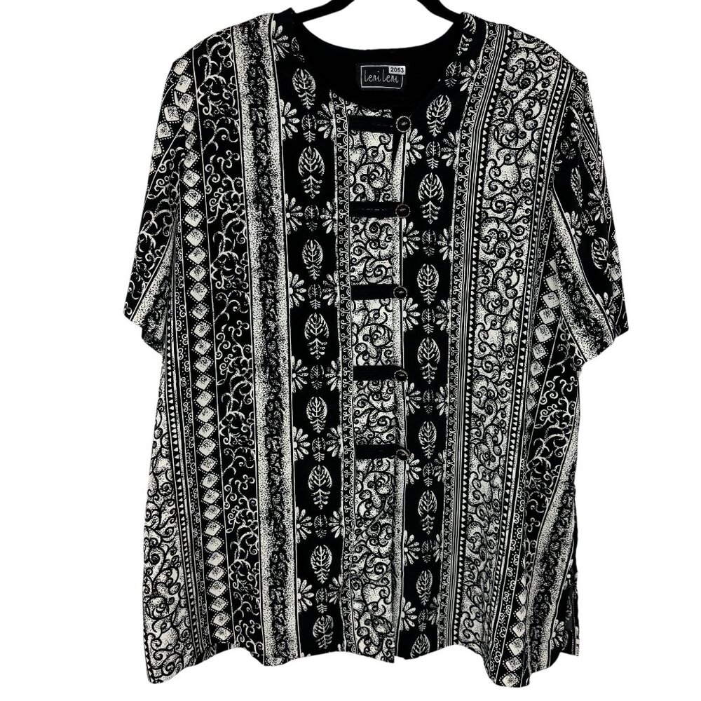 Vintage Leni Leni Funky Black & White Patterned Short Sleeve Tunic Top Size